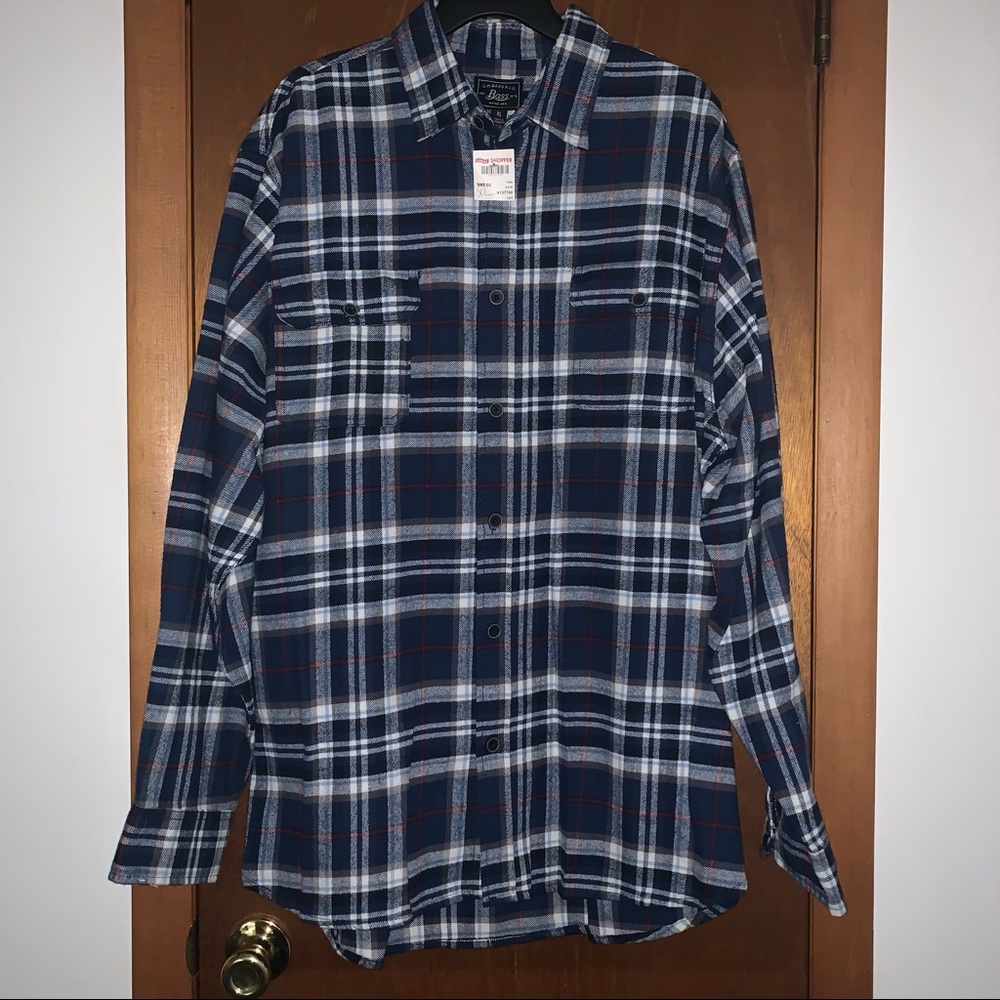 Men’s XL BASS Navy Blue Plaid Button Up Cotton Flannel Shirt Button Pockets NWT